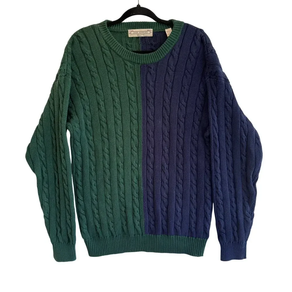 Vintage John Ashford 90s Colorblock Cable Knit Sweater Green Navy Cotton L